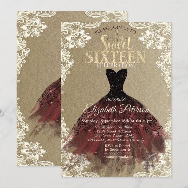 Invitation Robe Bourgogne,Couronne,Dentelle Kraft Douce 16 Fê (Devant / Derrière)
