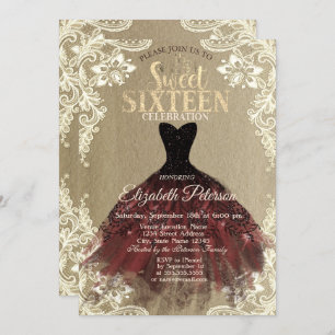 Invitation Robe Bourgogne, Couronne, Dentelle Kraft Sweet 16 