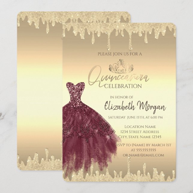 Invitation Robe Bourgogne, gouttes de paillettes or Quinceañe (Devant / Derrière)