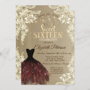 Invitation Robe Bourgogne, Lumières, Dentelle Kraft Sweet 16 