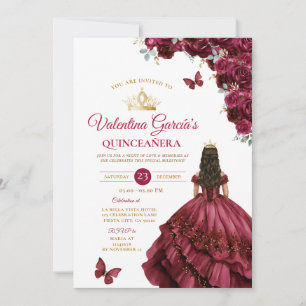 Invitation Robe Bourgogne Quinceañera 15 Anos Fleurs Or