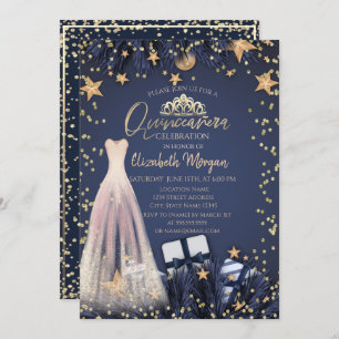 Invitation Robe, Branches, Diamants Marine Bleu Quinceañera