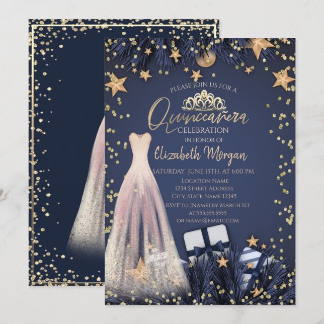 Invitation  Robe, Branches, Diamants Robe de Quinceañera bleu (Devant / Derrière)