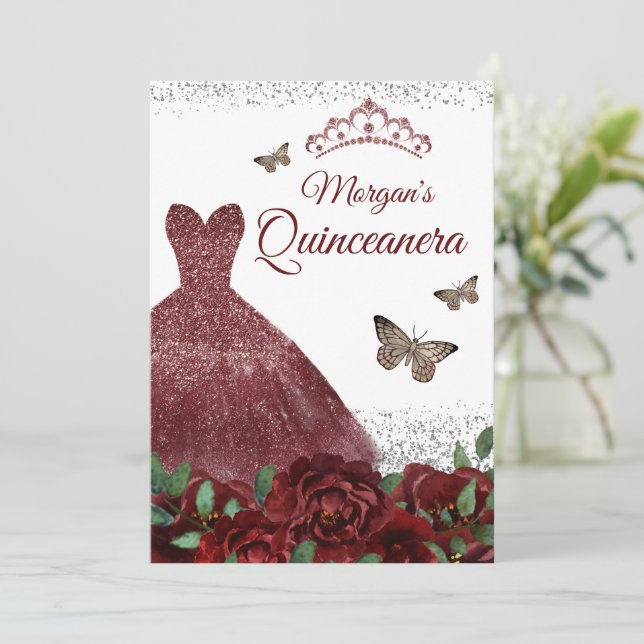 Invitation Robe Burgundy étincelante Papillon Quinceanera (Debout devant)