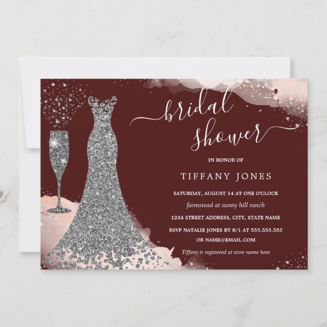 Invitation Robe Burgundy Sparkle Argent Mariage   (Devant)