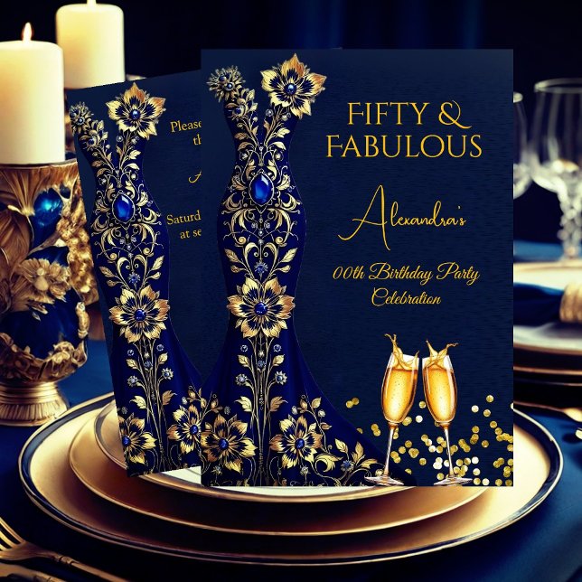 Invitation Robe Champagne Bleu Nuit Doré Anniversaire Fabuleu (Créateur téléchargé)