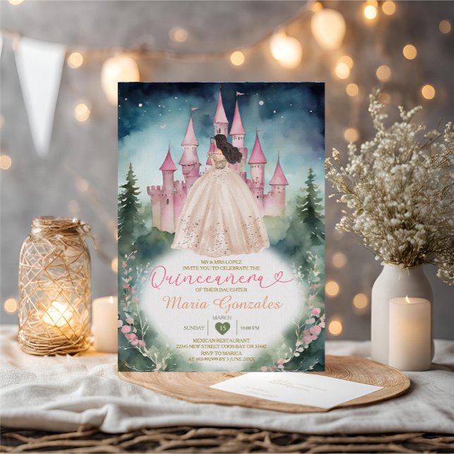 Invitation Robe Champagne Forêt Château rose 15 Quinceañera (Créateur téléchargé)