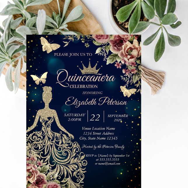 Invitation Robe chic, étoiles florales papillon bleu Quinceañ (Créateur téléchargé)