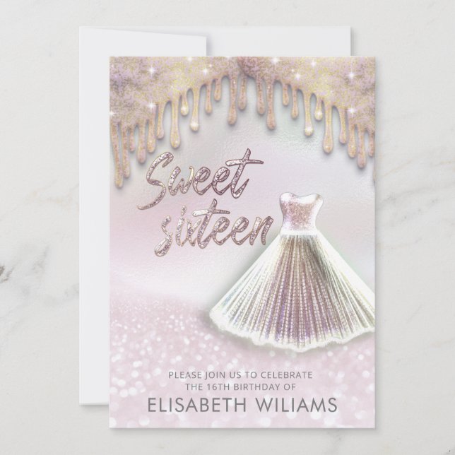 Invitation Robe chic fille goutte glittery holographic invit (Devant)