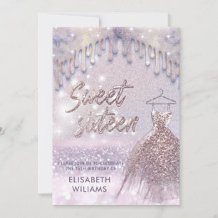Invitation Robe chic fille goutte lilas rose or glittery
