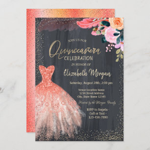 Invitation Robe Chic, Fleurs Plumes Quinceanera
