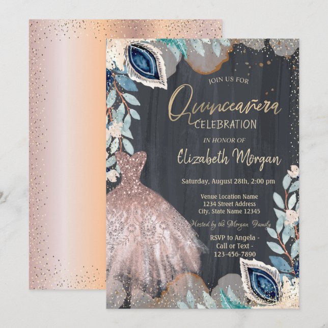 Invitation Robe chic, Fleurs, Quinceanera en or rose (Devant / Derrière)