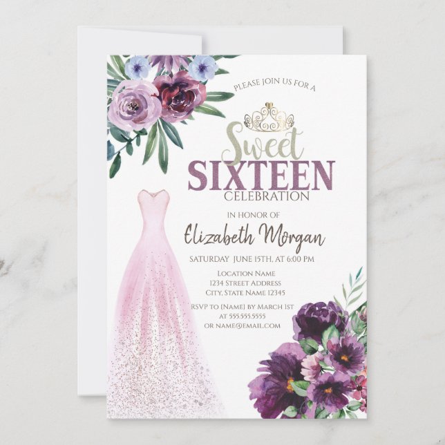 Invitation Robe Chic,Fleurs Violettes Sweet 16 (Devant)