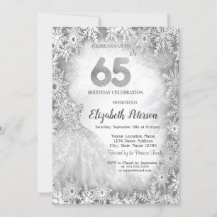 Invitation Robe Chic Flocons de Neige Hiver 65e Anniversaire