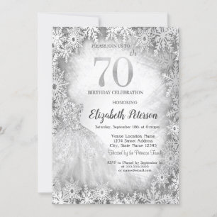 Invitation Robe Chic Flocons de Neige Hiver 70e Anniversaire