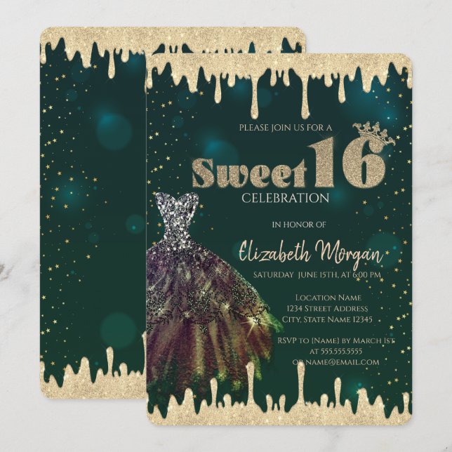 Invitation Robe chic, gouttes de paillettes vertes Sweet 16  (Devant / Derrière)