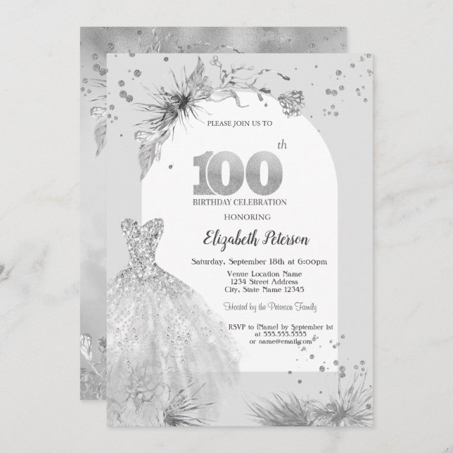 Invitation Robe chic gris d'hiver 100e anniversaire (Devant / Derrière)