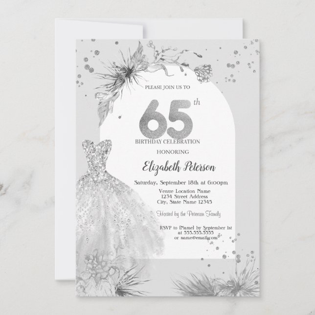 Invitation Robe chic gris hiver 65e anniversaire (Devant)