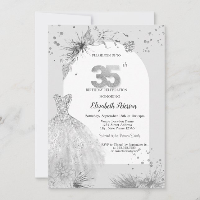 Invitation Robe Chic Hiver Gris 35e Anniversaire  (Devant)