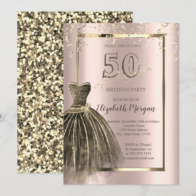 Invitation Robe chic paillettes or rose 50e anniversaire  (Devant / Derrière)