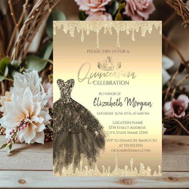 Invitation Robe Chic, Parties scintillant Drives Gold Quincea (Créateur téléchargé)