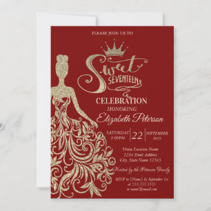 Invitation Robe Chic Parties scintillant Or, Tiara Rouge Douc