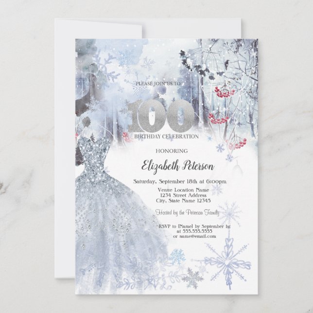 Invitation Robe Chic Paysage d'Hiver 100e Anniversaire  (Devant)