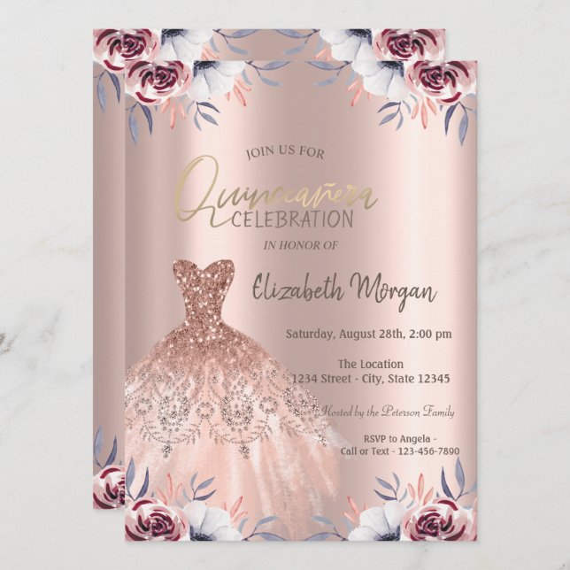 Invitation Robe chic rose gold florale Quinceañera (Devant / Derrière)