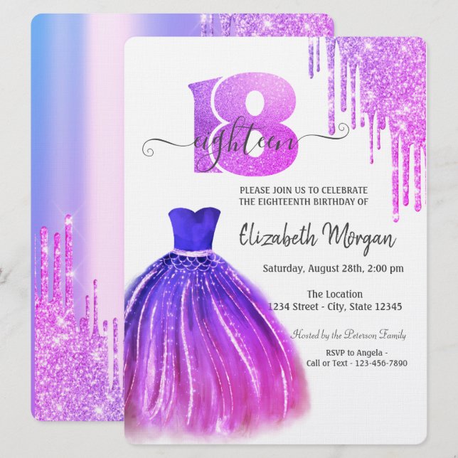 Invitation  Robe chic violet gouttes Argent 18e anniversaire  (Devant / Derrière)