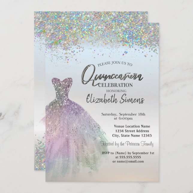 Invitation Robe Confetti Colorée Quinceañera (Devant / Derrière)