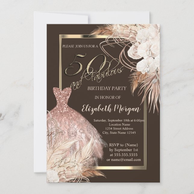Invitation Robe,Confettis Boho Fleurs Marron 50e Anniversaire (Devant)