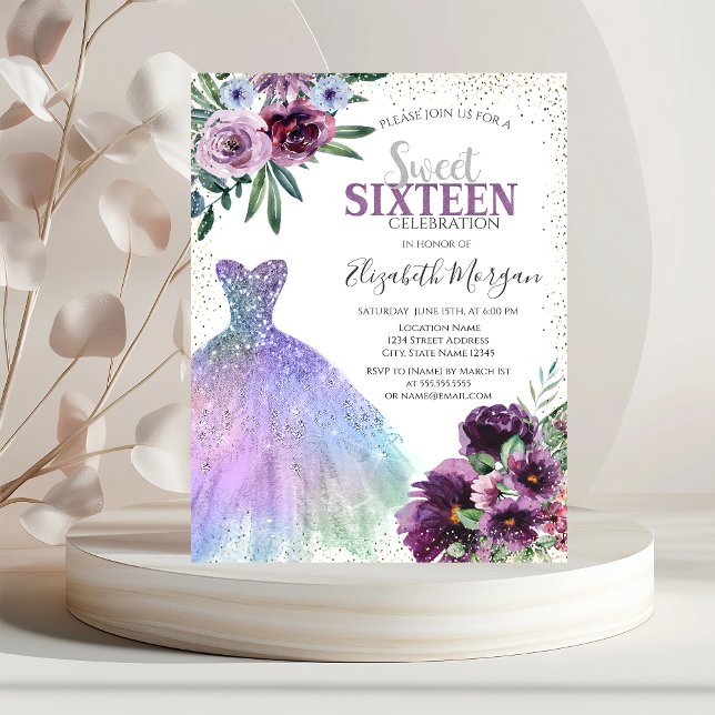 Invitation Robe Cool, Fleurs Violettes Confettis (Créateur téléchargé)