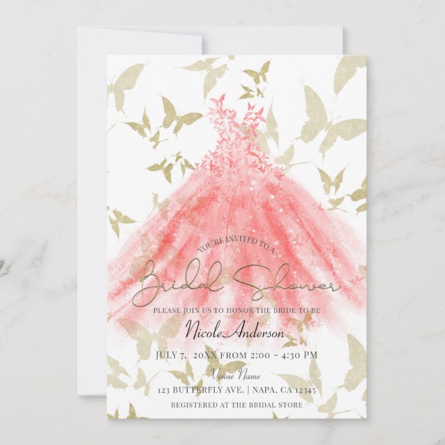 Invitation Robe corail danse papillon Or Fête de mariage (Devant)