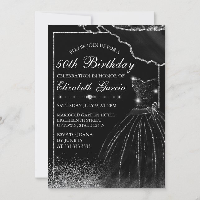 Invitation Robe d'aquarelle noire et bordure de glam Annivers (Devant)