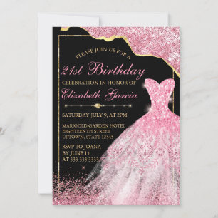 Invitation Robe d'aquarelle rose et bordure glam 21e annivers