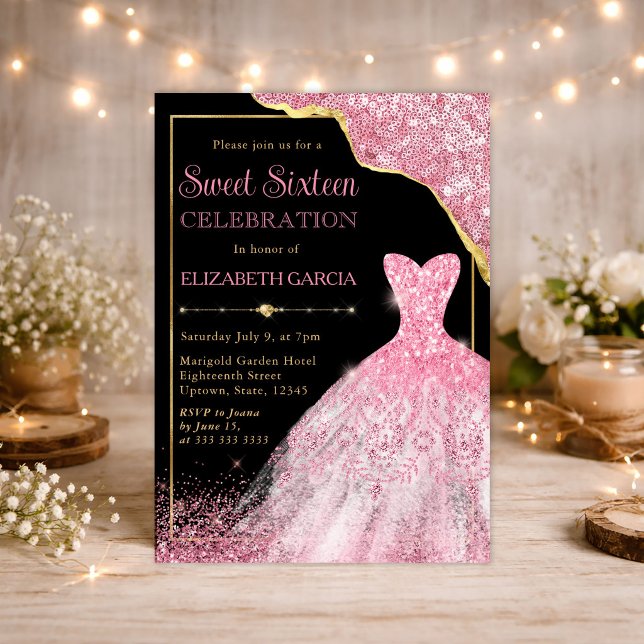 Invitation Robe d'aquarelle rose et Sweet sixteen d'arête de  (Créateur téléchargé)