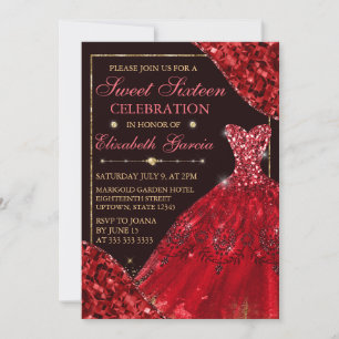 Invitation Robe d'aquarelle rouge et Sweet sixteen d'arêtes d