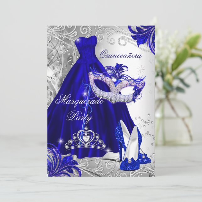 Invitation Robe d'argent bleu mascarade Quinceanera Tiara (Debout devant)