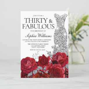 Invitation Robe d'argent Gown Roses rouges 30e fête d'anniver