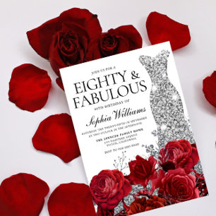 Invitation Robe d'argent Gown Roses rouges 80e fête d'anniver