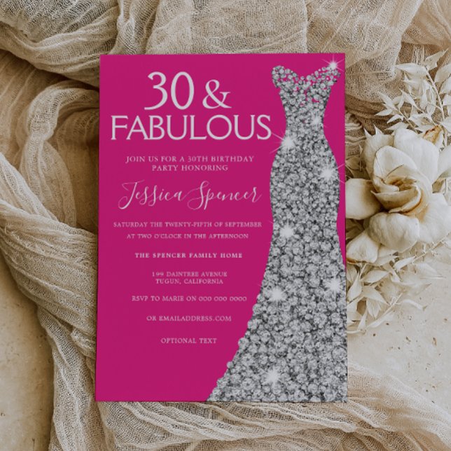Invitation Robe d'argent rose 30 et fabuleux 30e anniversaire (Créateur téléchargé)