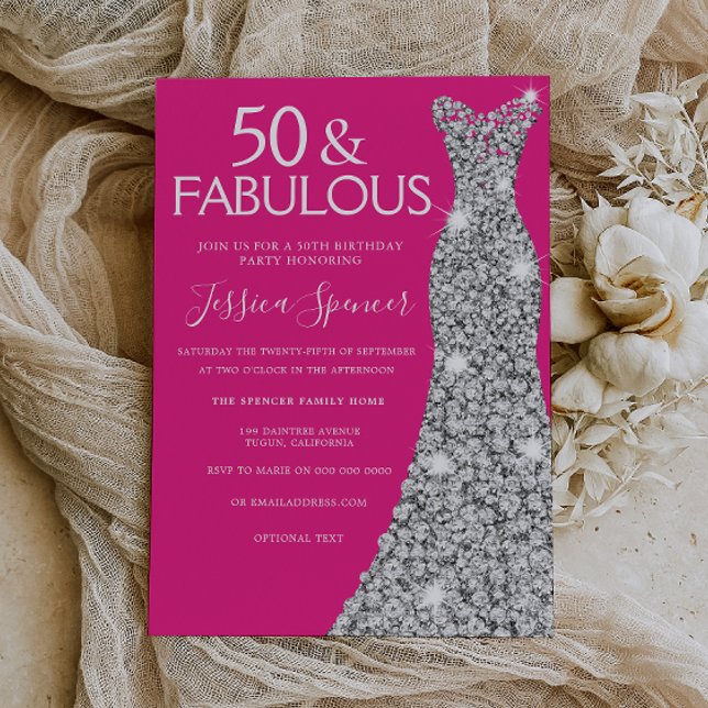 Invitation Robe d'argent rose 50 et fabuleux 50e anniversaire (Créateur téléchargé)