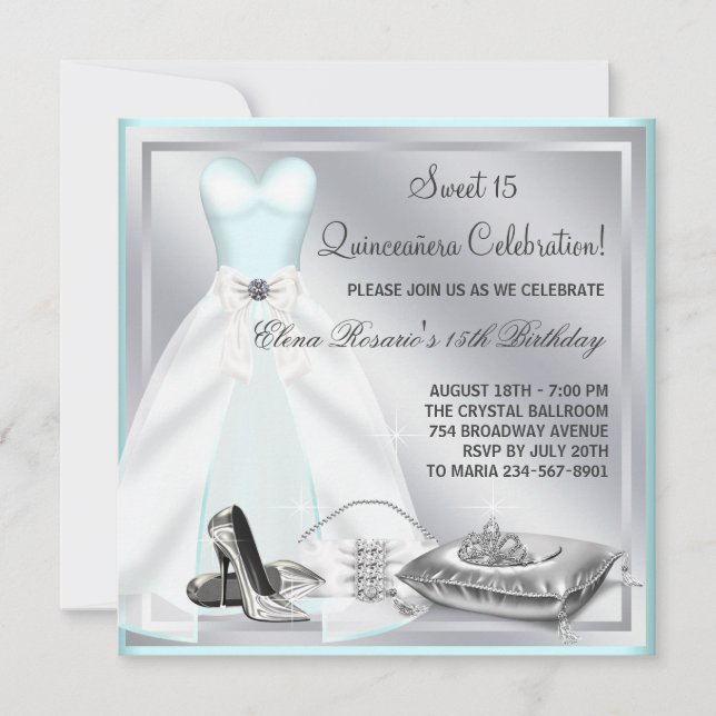 Invitation Robe de bal bleu sarcelle Talons hauts Quinceanera (Devant)