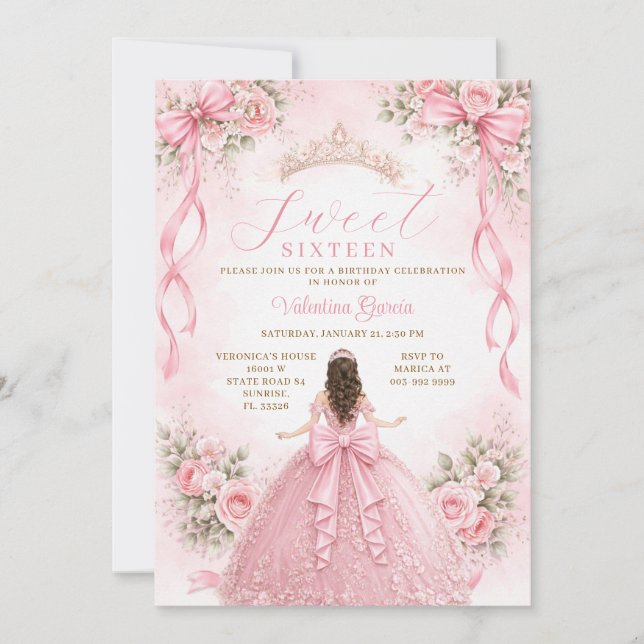 Invitation Robe de bal de princesse à nœud rose pour Sweet Si (Devant)