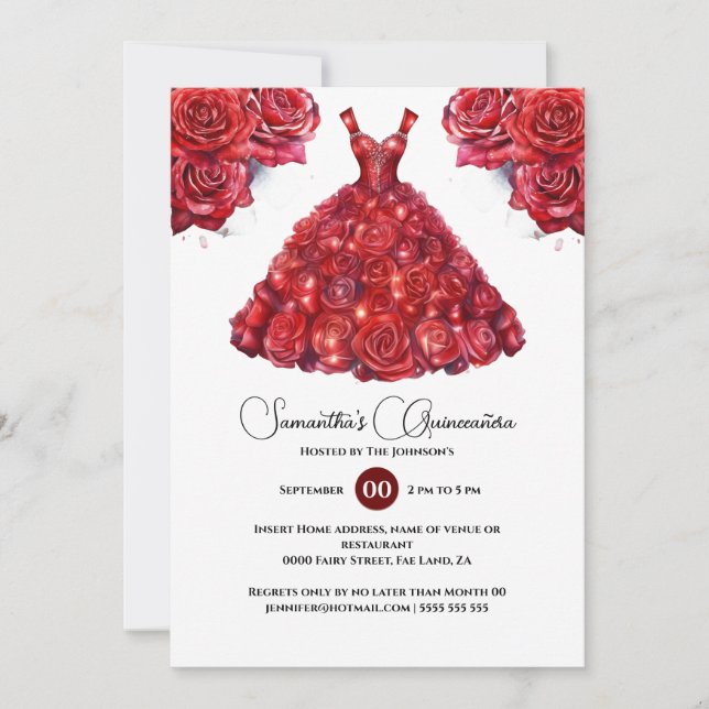 Invitation Robe de bal rouge pour Quinceañera élégante fleur  (Devant)