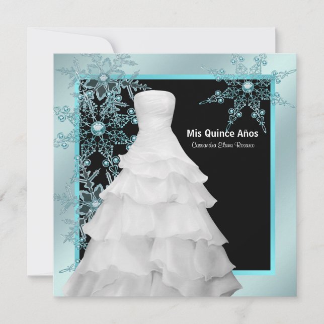 Invitation Robe de bal sarcelle bleue flocons de neige Quince (Devant)