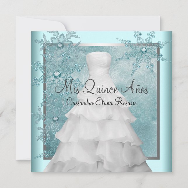 Invitation Robe de bal sarcelle bleue flocons de neige Quince (Devant)