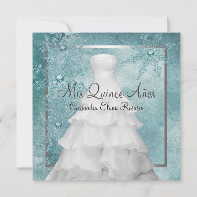 Invitation Robe de bal sarcelle bleue flocons de neige Quince (Devant)