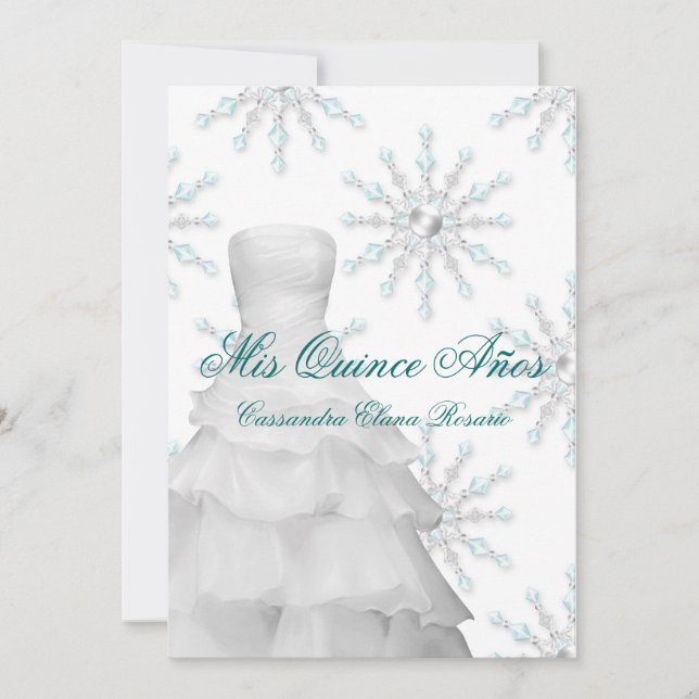 Invitation Robe de bal sarcelle bleue flocons de neige Quince (Devant)