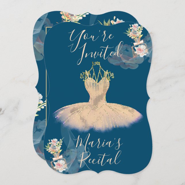 Invitation Robe de ballerine en gaze dorée rose Parfum floral (Devant / Derrière)